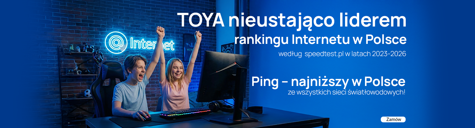 Internet światłowodowy TOYA z najniższym pingiem w Polsce. Lider rankingu speedtest.pl w latach 2023-2026. Grafika z graczami przy stanowisku gamingowym.