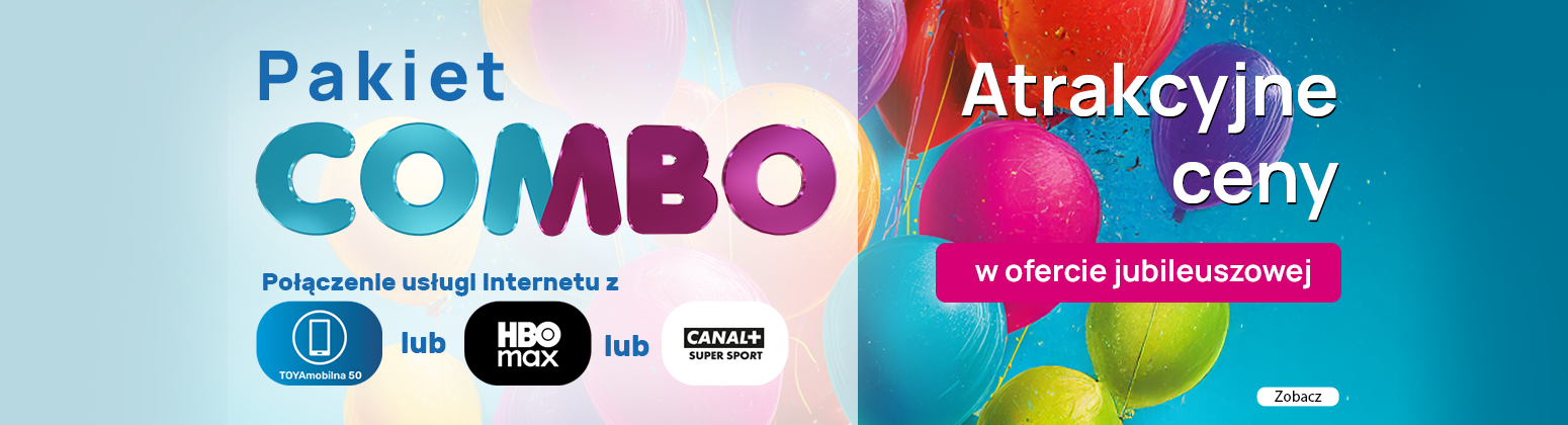 Pakiet COMBO w TOYA – Internet z telefonią komórkową TOYAmobilna 50 GB oraz pakietami HBO Max i CANAL+ Super Sport. Oferta jubileuszowa w atrakcyjnej cenie.